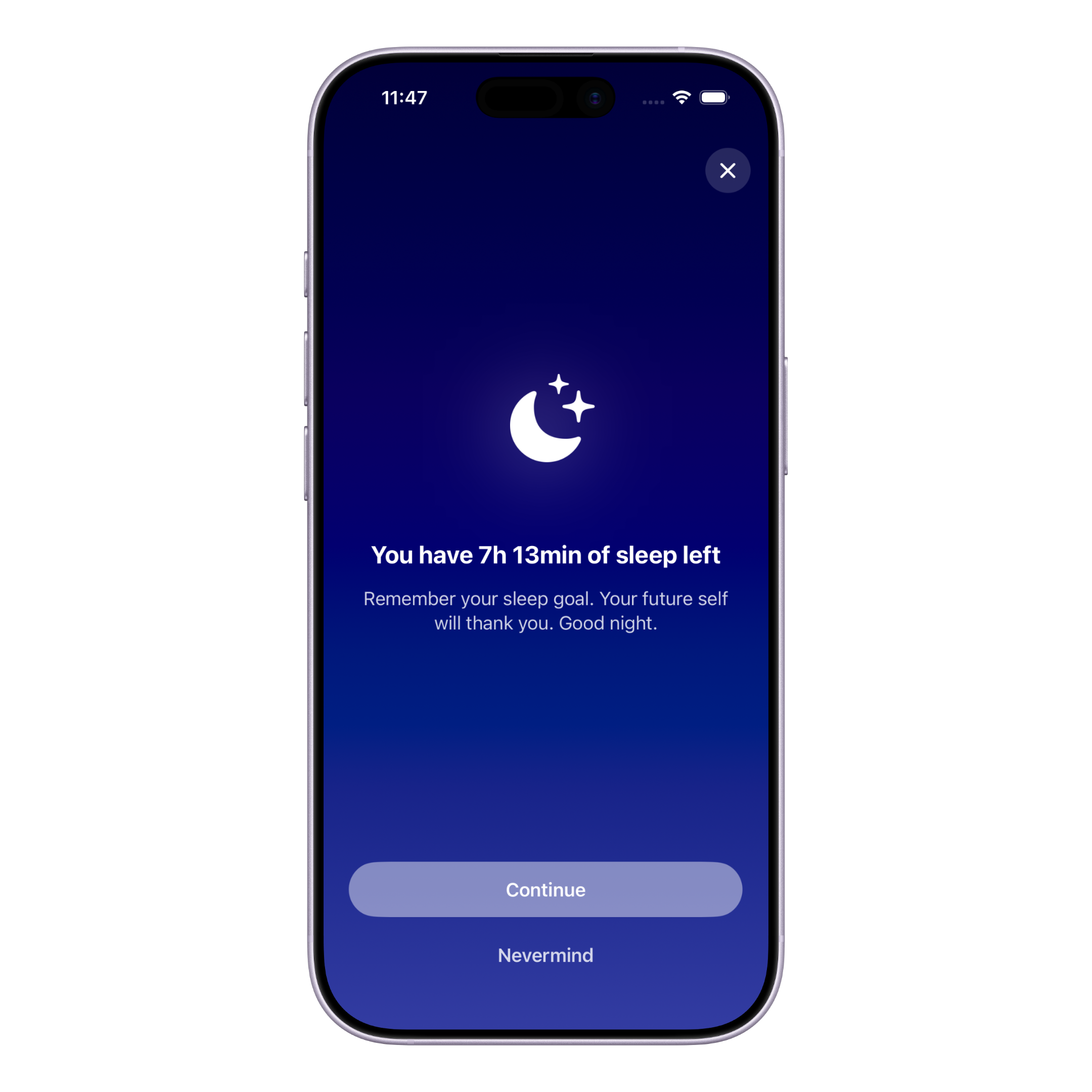 Supersleep app blocking screen showing 7 hours and 13 minutes of sleep remaining