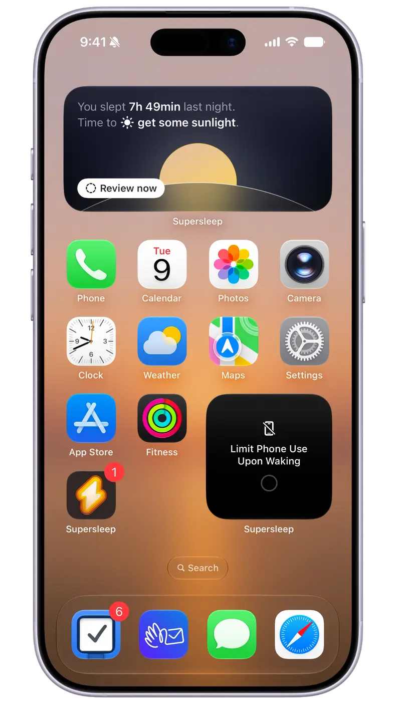 iPhone Home Screen with the Supersleep Today widget showing last night's sleep and the next habit, and a Habits widget