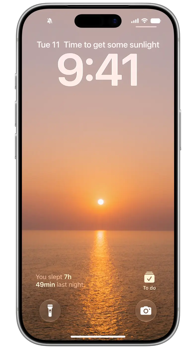 iPhone Lock Screen with Supersleep habit reminders and last night's sleep at a glance