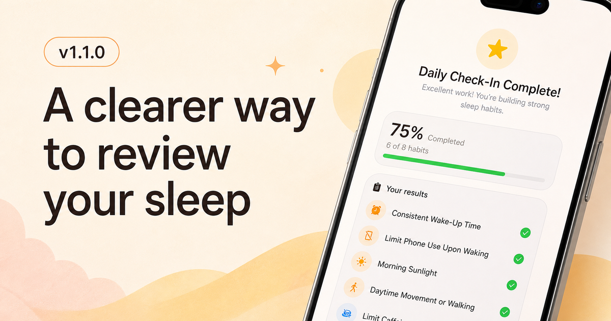 Supersleep 1.1.0 changelog banner showing the Daily Check-In completion screen
