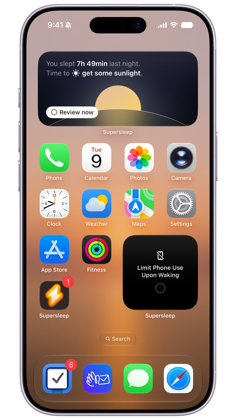 iPhone Home Screen with the Supersleep Today widget showing last night's sleep and the next habit, and a Habits widget