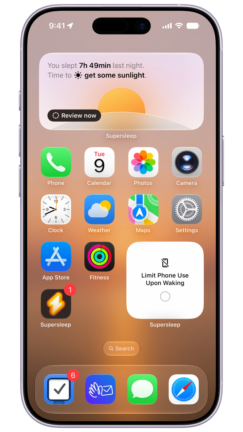 iPhone Home Screen with the Supersleep Today widget showing last night's sleep and the next habit, and a Habits widget