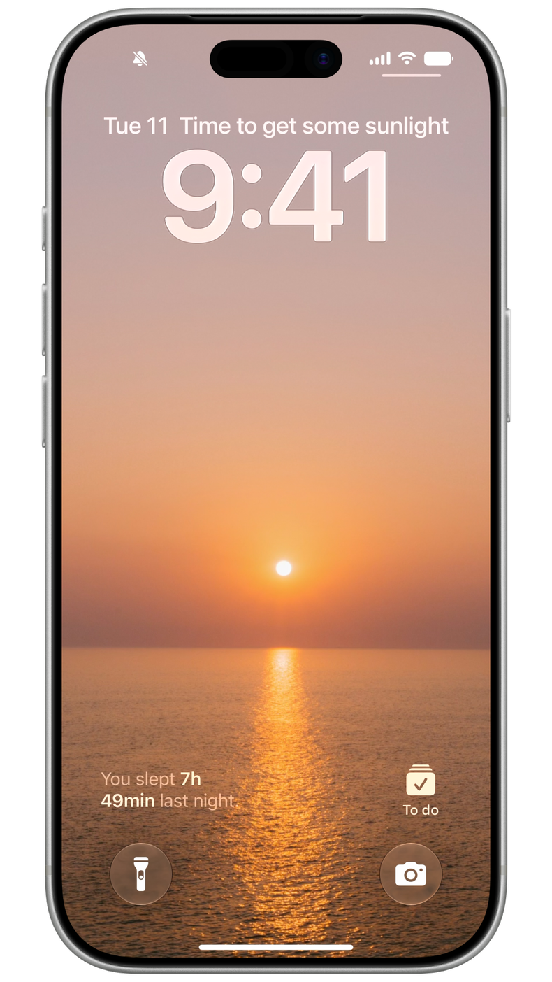 iPhone Lock Screen with Supersleep habit reminders and last night's sleep at a glance